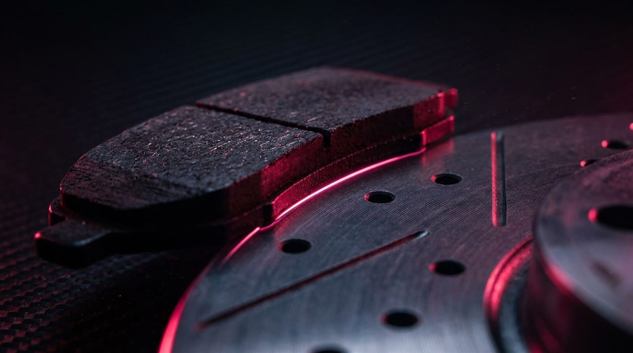 Brake pad meeting a cross-drilled disc, the contact edge lit in friction red
